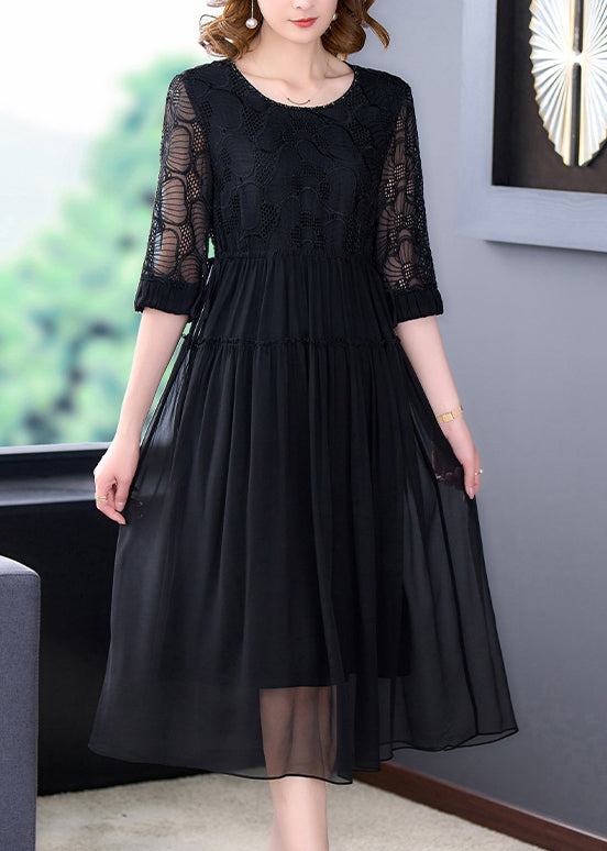 French Black Wrinkled Lace Up Chiffon Long Dress Half Sleeve OP1008 Ada Fashion