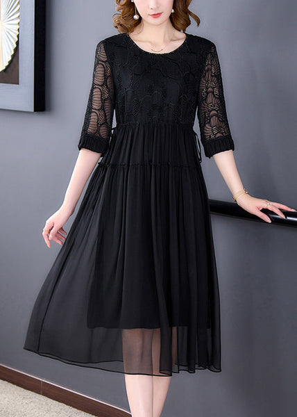 French Black Wrinkled Lace Up Chiffon Long Dress Half Sleeve OP1008 Ada Fashion