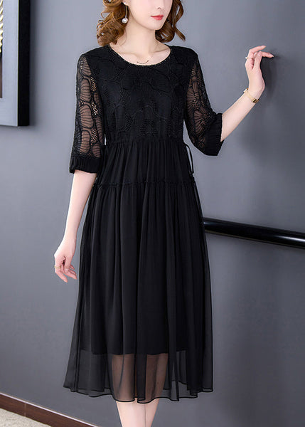French Black Wrinkled Lace Up Chiffon Long Dress Half Sleeve OP1008 Ada Fashion