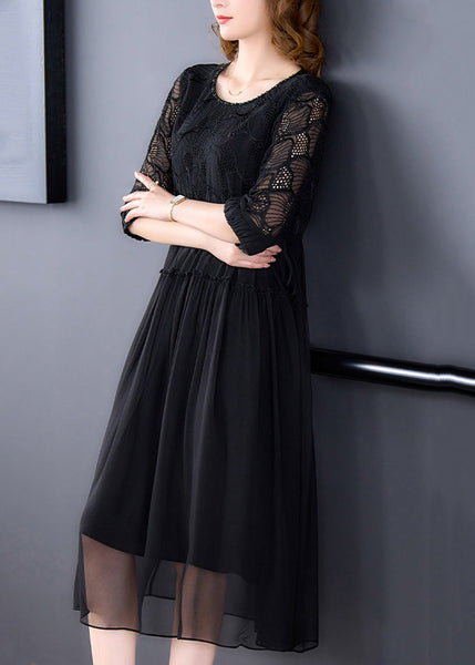 French Black Wrinkled Lace Up Chiffon Long Dress Half Sleeve OP1008 Ada Fashion