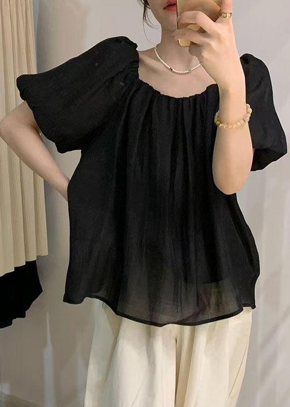 Tops Wrinkled French Puff Black Chiffon Sleeve FashionChic