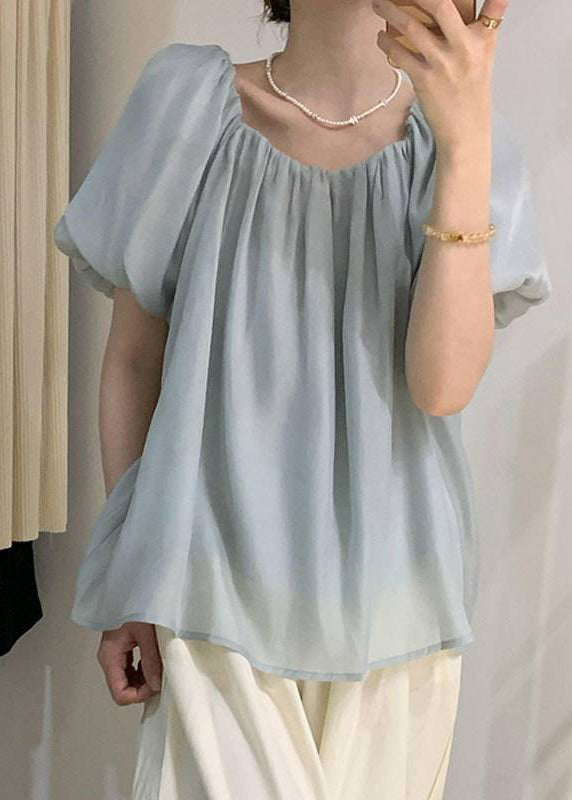 Tops Wrinkled French Puff Black Chiffon Sleeve FashionChic