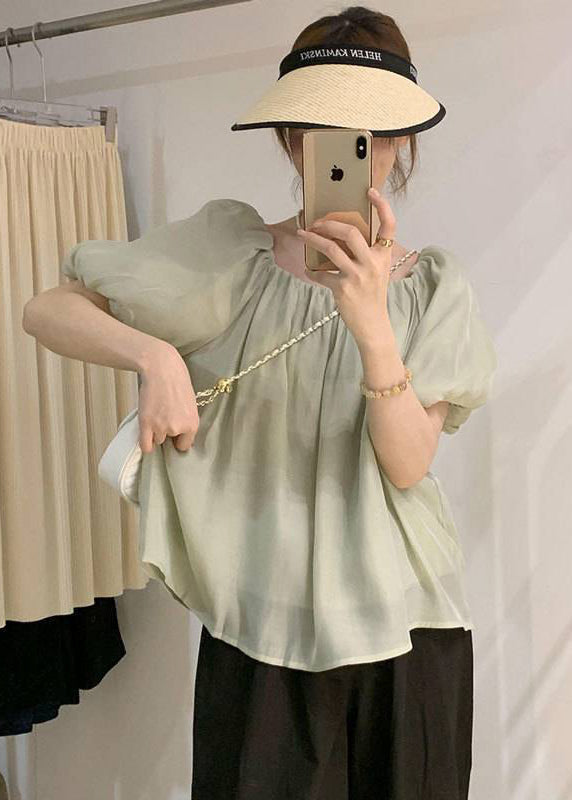 Tops Wrinkled French Puff Black Chiffon Sleeve FashionChic