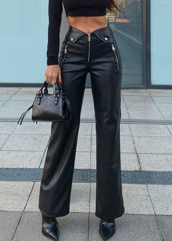 French Black Zip Up High Waist Faux Leather Pants Spring YT038 ABC