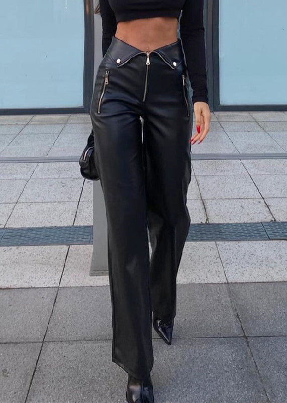 French Black Zip Up High Waist Faux Leather Pants Spring YT038 ABC