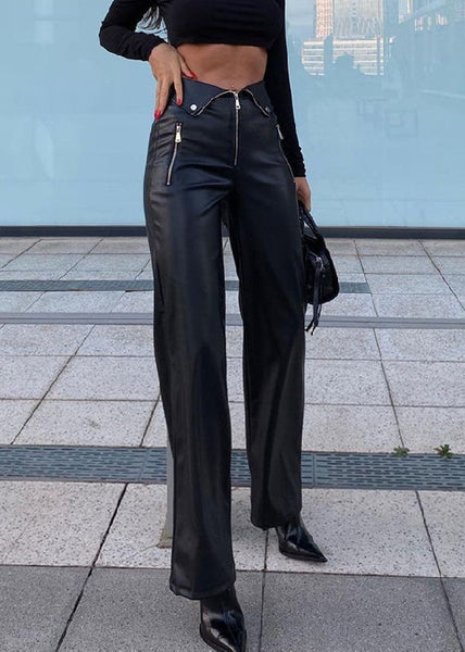 French Black Zip Up High Waist Faux Leather Pants Spring YT038 ABC