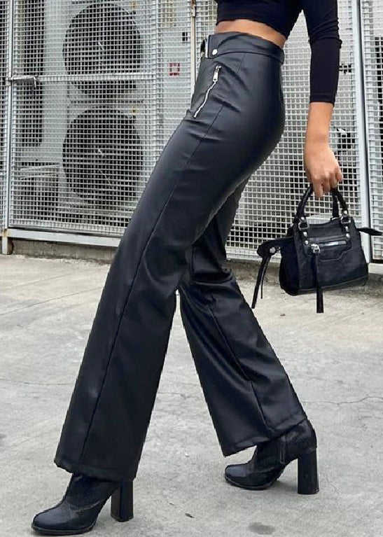 French Black Zip Up High Waist Faux Leather Pants Spring YT038 ABC