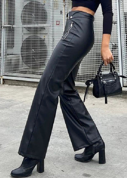 French Black Zip Up High Waist Faux Leather Pants Spring YT038 ABC