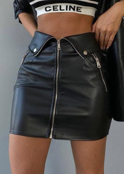 French Black Zip Up High Waist Faux Leather Skirt Spring YZ065 ABC
