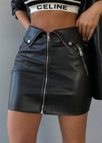 French Black Zip Up High Waist Faux Leather Skirt Spring YZ065 ABC