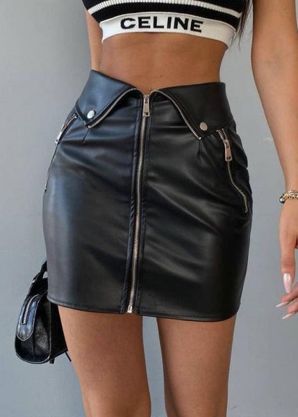French Black Zip Up High Waist Faux Leather Skirt Spring YZ065 ABC