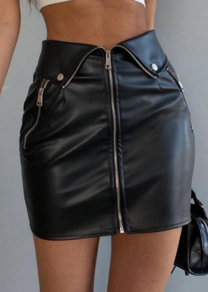 French Black Zip Up High Waist Faux Leather Skirt Spring YZ065 ABC