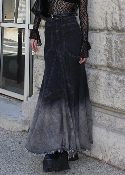 French Black Zippered High Waist Denim Fishtail Skirt Fall PP040 OM-NZ240827