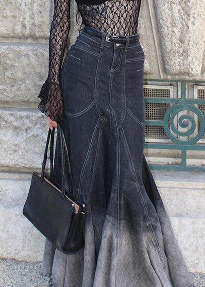 French Black Zippered High Waist Denim Fishtail Skirt Fall PP040 OM-NZ240827