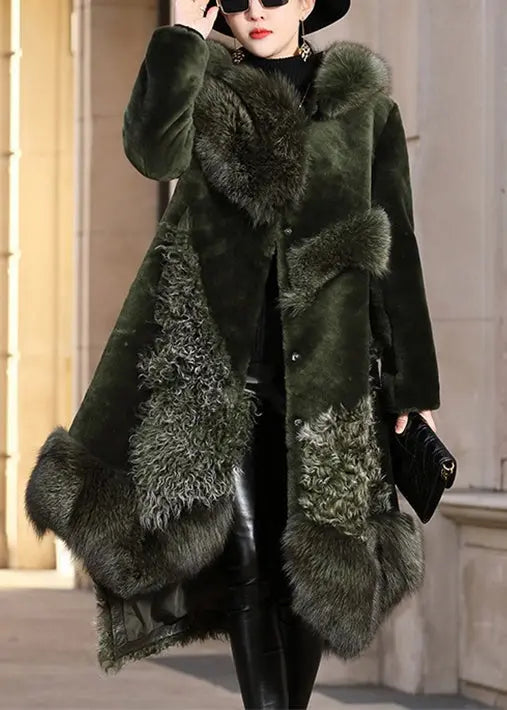 French Blackish Green Asymmetrical Fox Collar Patchwork Leather And Fur Coats Winter Ada Fashion