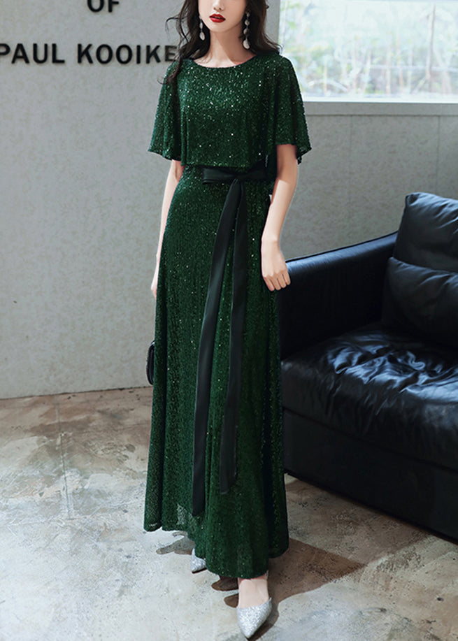 French Blackish Green Sequins Tie Waist Silk Vacation Dresses Summer YY019 OL-SDL2408-16