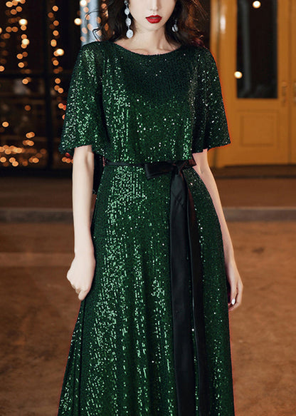 French Blackish Green Sequins Tie Waist Silk Vacation Dresses Summer YY019 OL-SDL2408-16