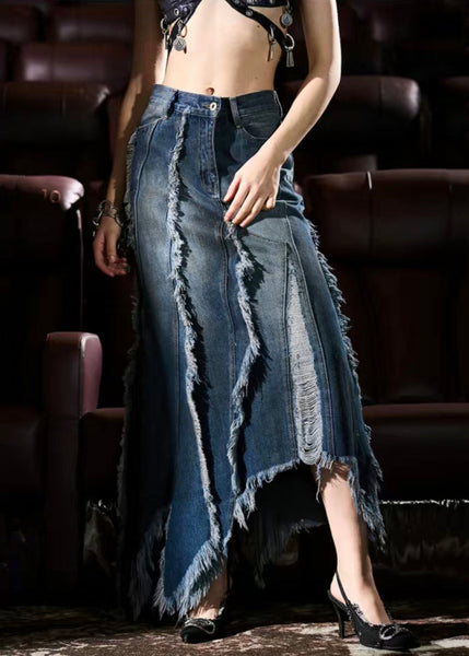 French Blue Asymmetrical Design Tasseled Denim Skirt Summer AW1015 OM-NZ240827