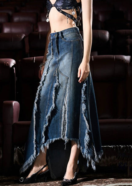 French Blue Asymmetrical Design Tasseled Denim Skirt Summer AW1015 OM-NZ240827