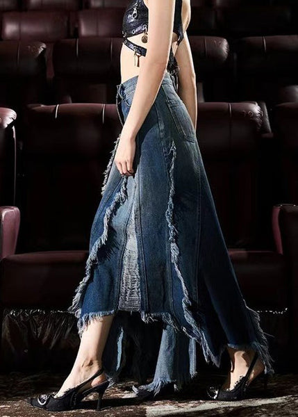 French Blue Asymmetrical Design Tasseled Denim Skirt Summer AW1015 OM-NZ240827