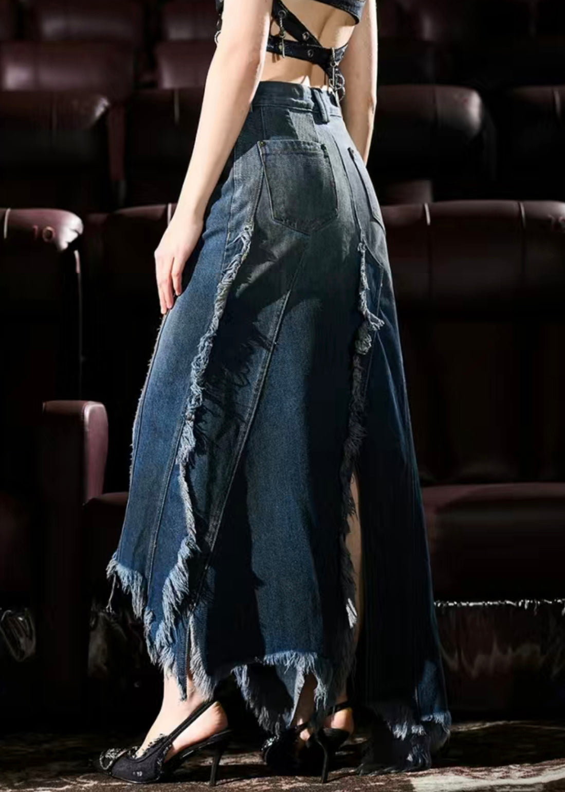 French Blue Asymmetrical Design Tasseled Denim Skirt Summer AW1015 OM-NZ240827