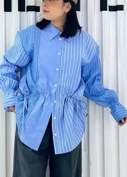 Asymmetrical Shirts French Spring Blue Cotton Striped FashionChic
