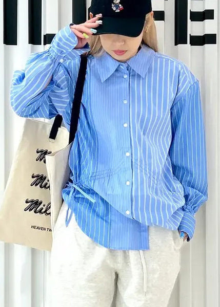 Asymmetrical Shirts French Spring Blue Cotton Striped FashionChic