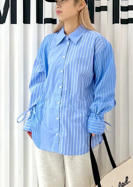 Asymmetrical Shirts French Spring Blue Cotton Striped FashionChic