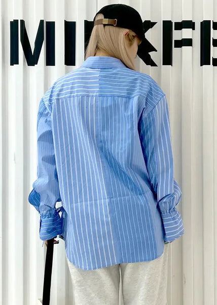 Asymmetrical Shirts French Spring Blue Cotton Striped FashionChic
