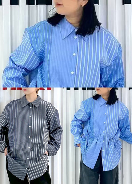 Asymmetrical Shirts French Spring Blue Cotton Striped FashionChic