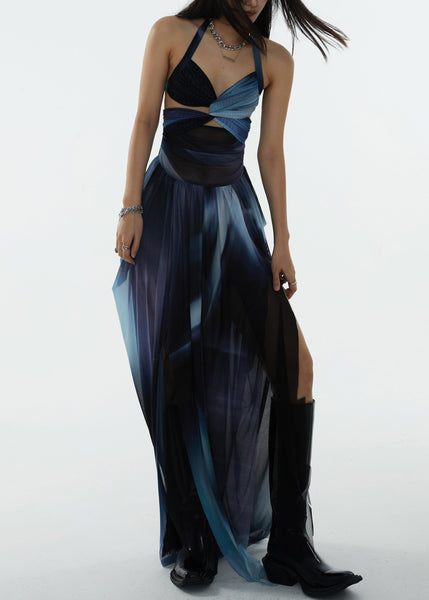 French Blue Backless Lace Up Side Open Tulle Dress Summer ZL012 SH-LF-SDL240621