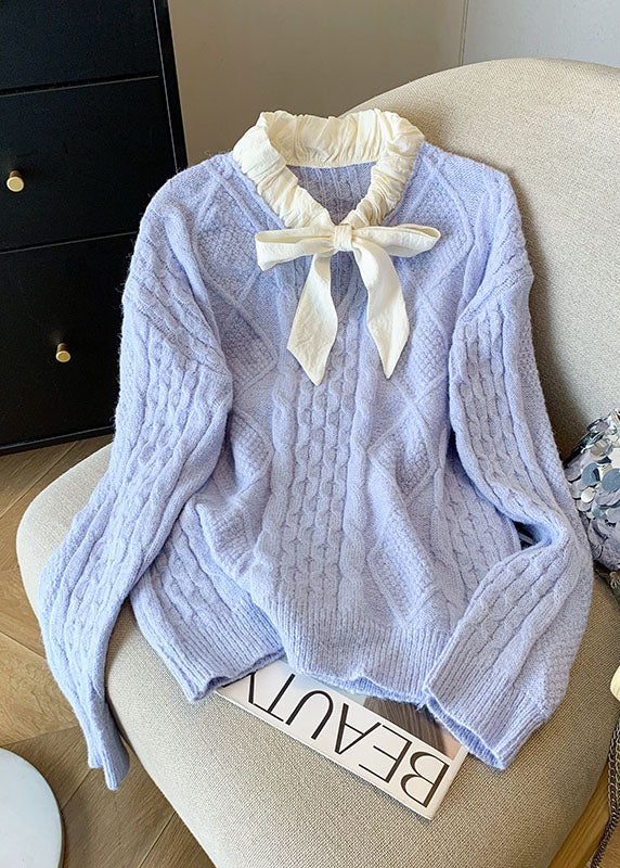 French Blue Bow Patchwork Knit Sweaters Tops Fall QL059 OM-OL241021