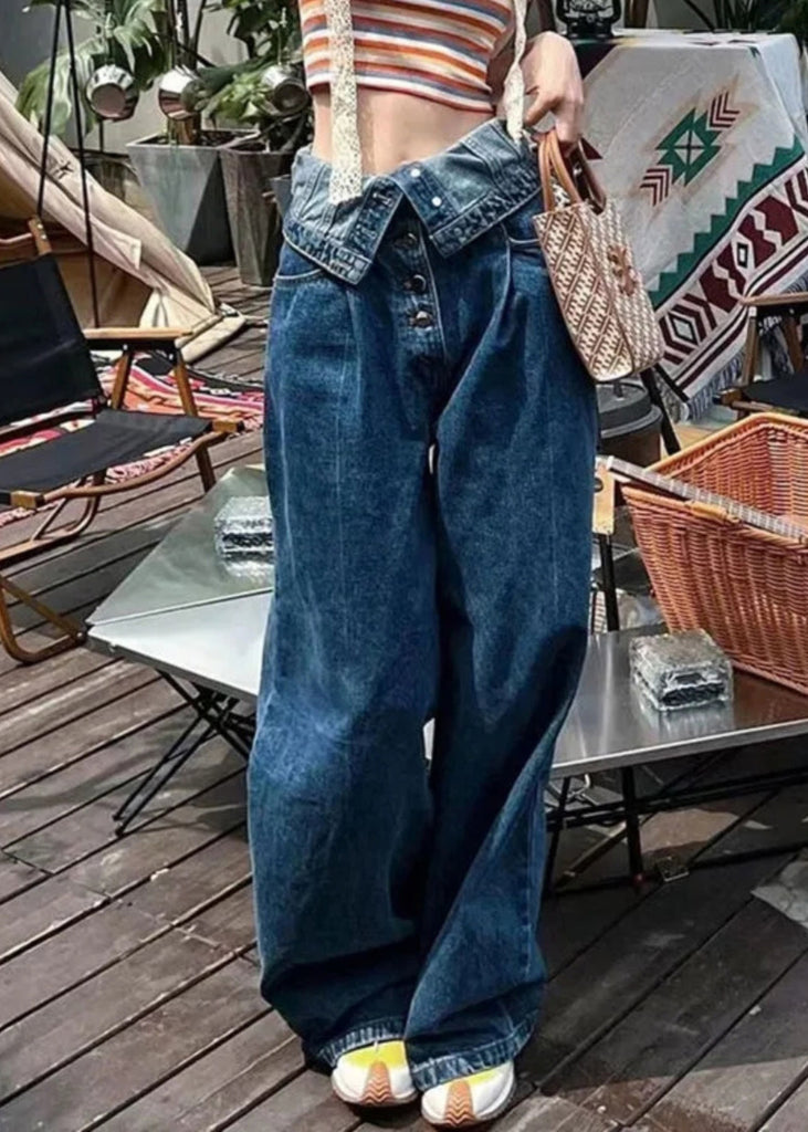 French Blue Button High Waist Denim Pants Summer AW1017 OM-NZ240827