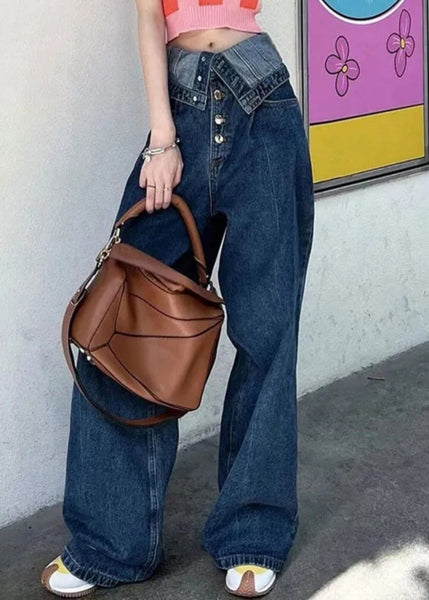 French Blue Button High Waist Denim Pants Summer AW1017 OM-NZ240827