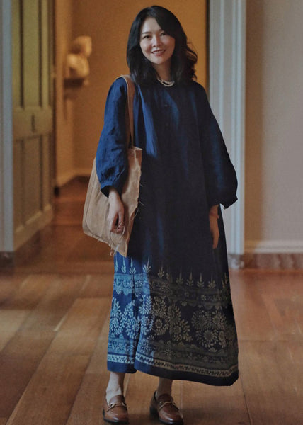 French Blue Button Print Maxi Dresses Long Sleeve MN054 MMDM-FDL240704