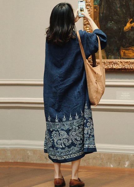 French Blue Button Print Maxi Dresses Long Sleeve MN054 MMDM-FDL240704