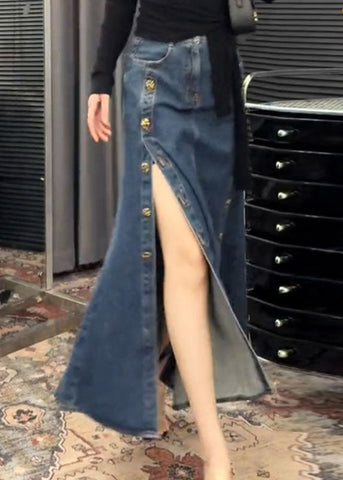 Open Denim French Side Blue Skirts Button Spring FashionChic