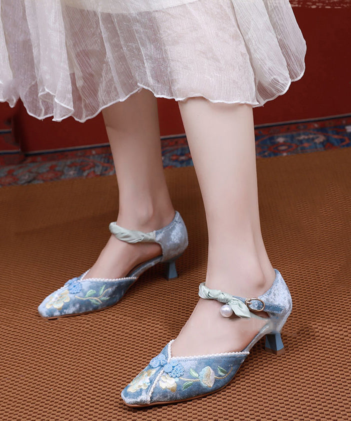 French Blue Embroidered Buckle Strap Silk Velour Chunky Heel RT1041 Ada Fashion