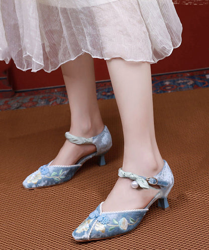 French Blue Embroidered Buckle Strap Silk Velour Chunky Heel RT1041 Ada Fashion
