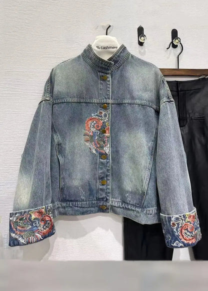 French Blue Embroidered Button Denim Coats Spring Ada Fashion