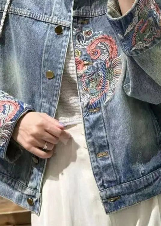 French Blue Embroidered Button Denim Coats Spring Ada Fashion