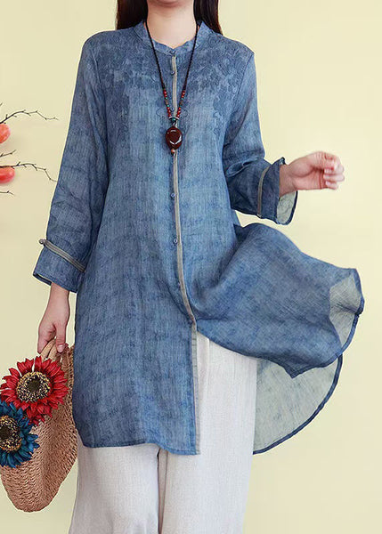 French Linen Blue Embroidered Fall Button Shirts FashionChic