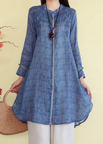 French Linen Blue Embroidered Fall Button Shirts FashionChic
