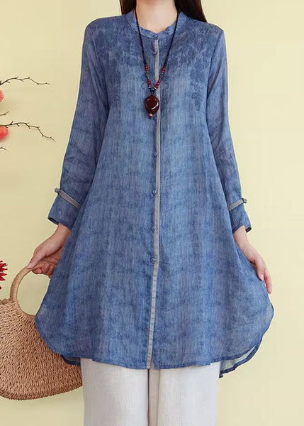 French Linen Blue Embroidered Fall Button Shirts FashionChic