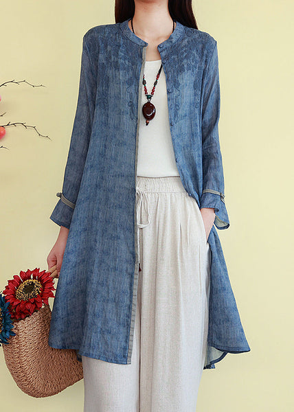 French Linen Blue Embroidered Fall Button Shirts FashionChic