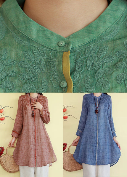 French Linen Blue Embroidered Fall Button Shirts FashionChic