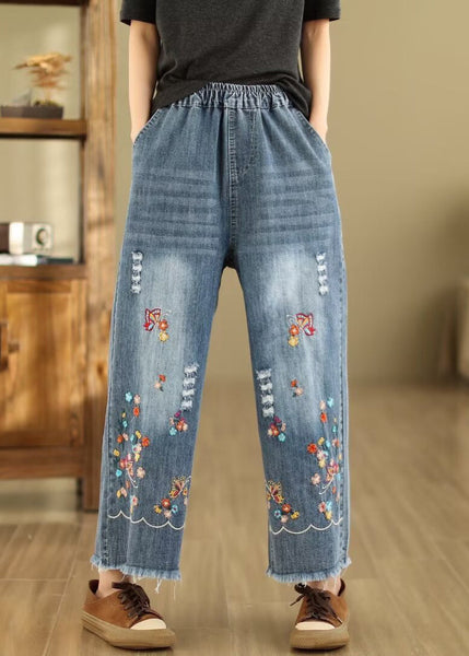 French Blue Embroidered Elastic Waist Denim Crop Pants Summer Ada Fashion