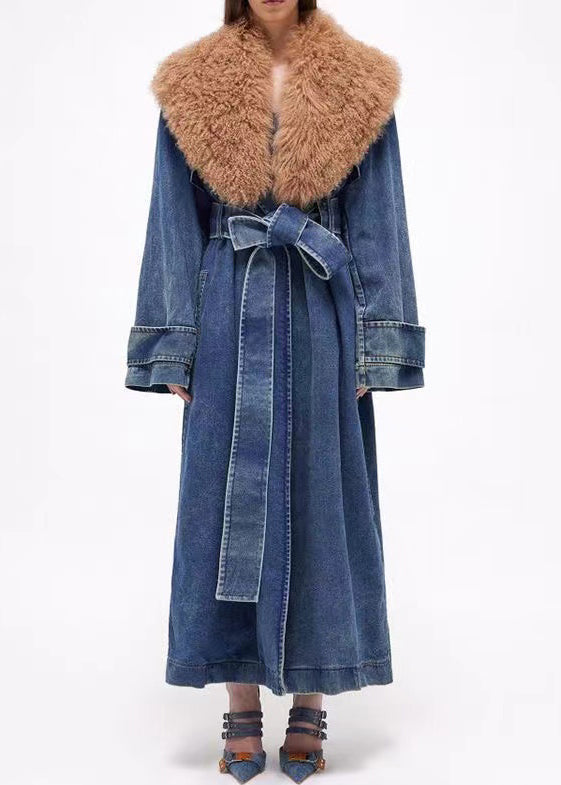 French Blue Fur Collar Tie Waist Denim Long Coats Winter WY017 OM-OL241106