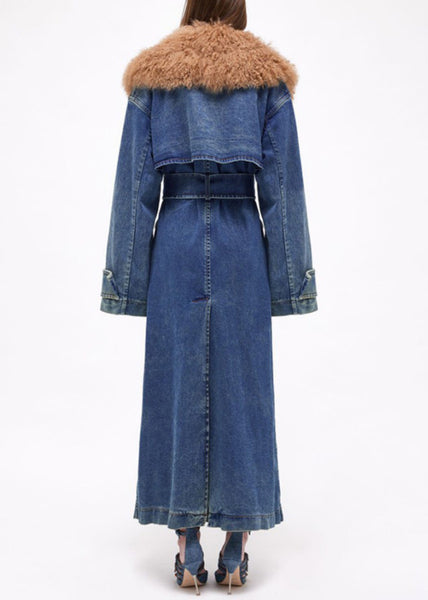 French Blue Fur Collar Tie Waist Denim Long Coats Winter WY017 OM-OL241106