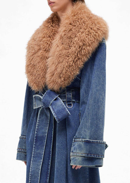 French Blue Fur Collar Tie Waist Denim Long Coats Winter WY017 OM-OL241106